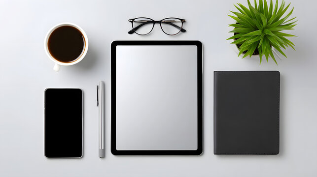 A neatly organized office desk with digital devices and accessories. long_title:A minimalist office desk setup featuring a digital tablet, coffee - Powered by Adobe