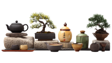 Japanese Tea Ceremonies: Serene Japanese tea ceremonies with traditional tea sets and tranquil surroundings, isolated on a Transparent background, PNG file.