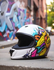A white motorcycle helmet with a vibrant graffiti-style design is placed on a concrete surface with a blurred urban background featuring graffiti art.