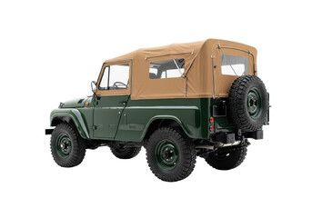 Rugged, vintage forest green 4x4 with tan soft-top, mud tires, three-quarter rear view on transparent studio background with copy space. Concept for rugged adventure.