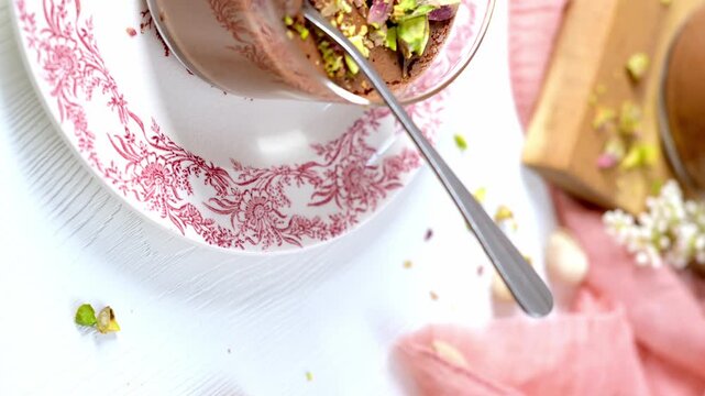 A close-up shot of a glass of rich chocolate mousse on a decorative white plate with a red floral pattern. The smooth, light dessert has a spoon resting in it, showcasing the soft texture, and is topp