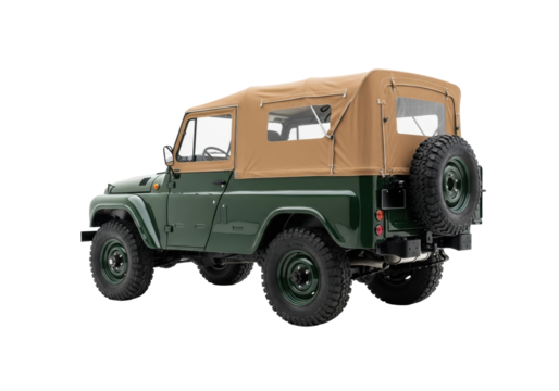 Rugged, vintage forest green 4x4 with tan soft-top, mud tires, three-quarter rear view on transparent studio background with copy space. Concept for rugged adventure.