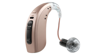 Modern digital hearing aid with noise-canceling technology, isolated on a Transparent background, PNG file.