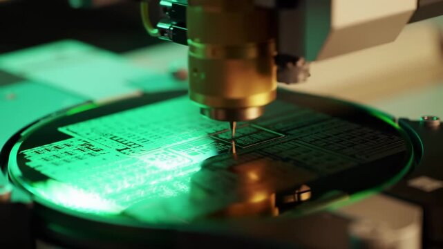 Semiconductor wafer fabrication process with precision probe equipment in cleanroom laboratory. Advanced microelectronics manufacturing technology for silicon chip production and quality control