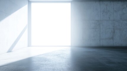 Minimalist Concrete Room Interior with Natural Light from a Large Window Creating Shadows on the Floor and Walls