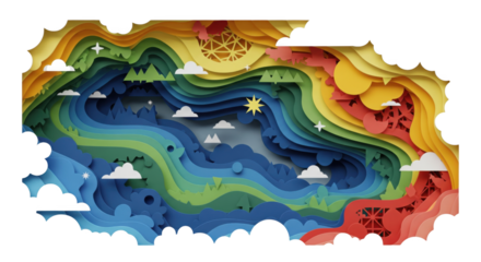 Abstract multilayered landscape with vibrant colors and paper-cut aesthetic