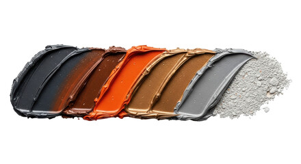 Horizontal impasto oil paint stroke with heavy texture, visible brushwork, charcoal, orange, bronze, concrete grey layers on transparent, raw industrial transformation concept