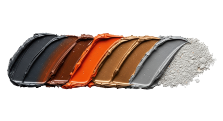 Horizontal impasto oil paint stroke with heavy texture, visible brushwork, charcoal, orange, bronze, concrete grey layers on transparent, raw industrial transformation concept