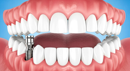 Obraz premium Detailed anatomical view of a dental implant integrated into the jawbone supporting a prosthetic tooth This image showcases the process of tooth restoration and dental health improvement