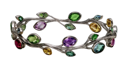 Nature-inspired bracelet featuring intertwining vines and colorful gemstones, isolated on a Transparent background, PNG file.