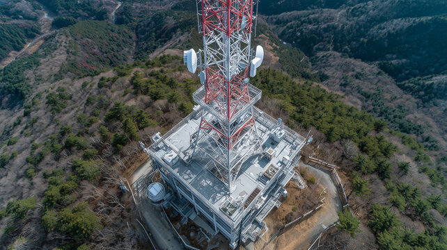真上からの通信塔と山頂の幾何学