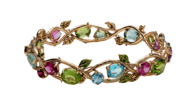 Nature-inspired bracelet featuring intertwining vines and colorful gemstones, isolated on a Transparent background, PNG file.