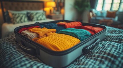 Clothes arranged perfectly in a suitcase, ready for travel on a well-made bed in a warm, inviting room