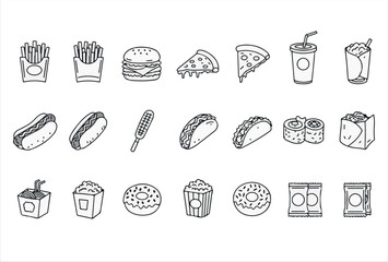 Minimal black icons of various fast food items. The collection shows clean vector silhouettes of hamburger, pizza slice, wrap, hotdog, taco, corndog, popcorn, donut, noodles, sushi, sauces, and snacks
