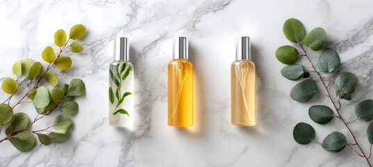 Natural skincare products flat lay photography with eucalyptus leaves and marble background for beauty blog