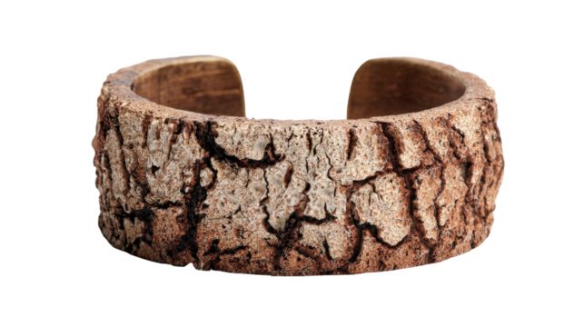 Nature-inspired cuff bracelet with a design mimicking the texture of tree bark, isolated on a Transparent background, PNG file.