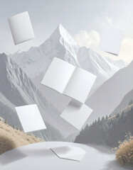 Blank white papers floating in a serene, snow-capped mountain valley with a misty atmosphere, ideal for design mockups.