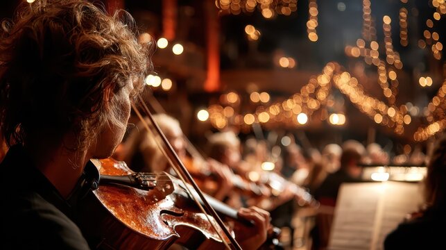 Violinist performing on stage in a beautifully lit concert hall with audience in the background