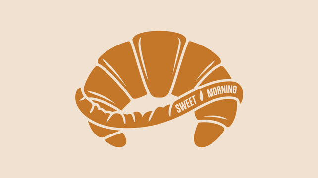 A stylized croissant with a banner that reads sweet morning on a light tan background illustration