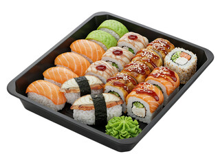 Delicious assortment of sushi rolls and nigiri in a convenient takeout container transparent background