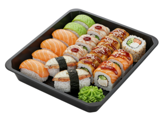 Delicious assortment of sushi rolls and nigiri in a convenient takeout container transparent background