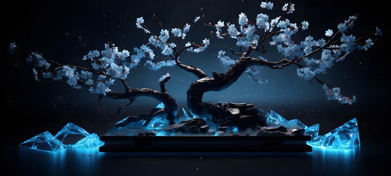 The black background contrasts sharply with the bright blue diamonds light emitted by Cherry blossoms Tree bonsai,generative AI
