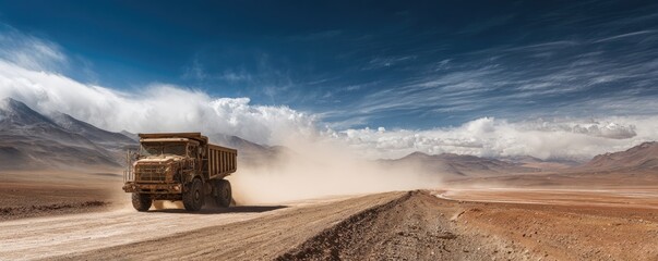 A large truck travels a dusty desert road, mountains in the background under a vibrant blue sky