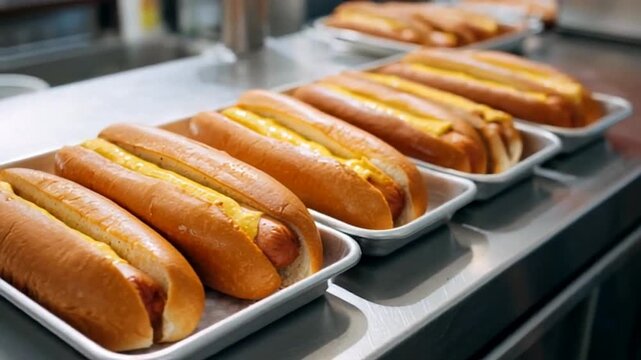 Row of hot dogs in trays, ready for serving in a casual eatery, summer picnic vibe, American cuisine staple, communal meal setting, fast food appeal