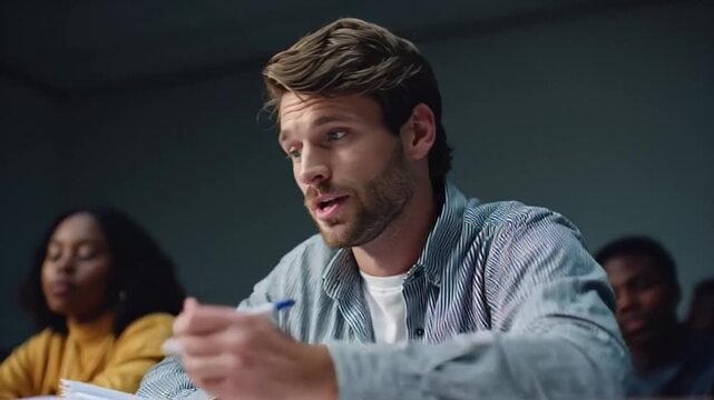Young adult male in casual shirt participates in a meeting, diverse group in a learning environment, educational seminar with attentive atmosphere