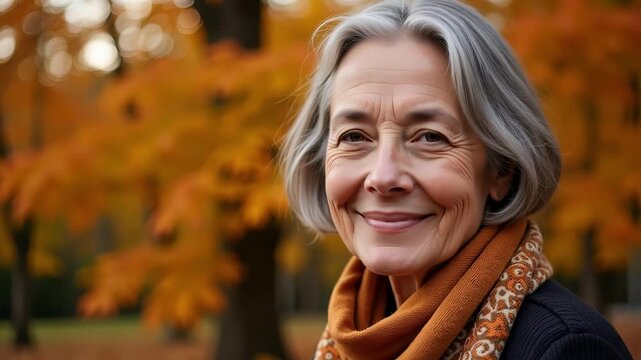 Intimate portrait of a serene 70-year-old Canadian woman, her gaze direct and honest, against a backdrop of vibrant autumn colors in stunning 4k video