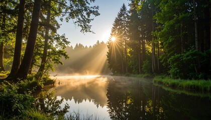 Obraz premium Sunrise over misty forest lake.