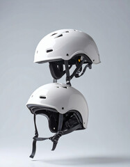Two white bicycle helmets stacked, showcasing design and safety features for cycling activities.