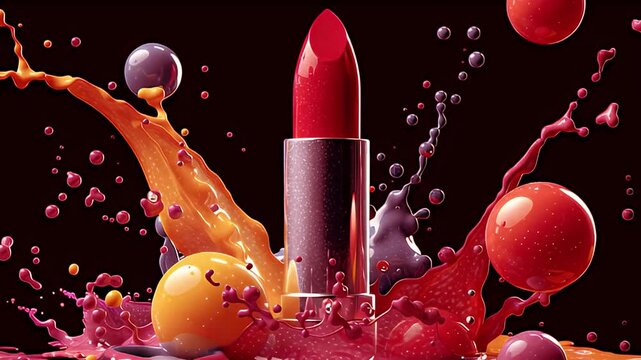 Glossy red lipstick AI generated video vibrant colors dramatic slow motion 4K UHD animation. Red lipstick splash AI generated video luxury cosmetic beauty product glamour makeup ad.