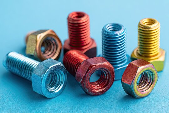 Colorful bolts and nuts, close-up view on a blue surface. Engineering hardware - Powered by Adobe