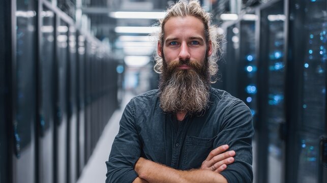 Happy Data Center. Black IT Engineer Posing with Crossed Arms in Technology-Rich Server Room