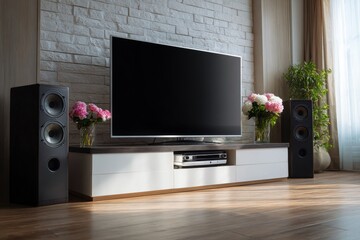 Home Entertainment Center. Bright Living Room with Flat TV and Acoustic System
