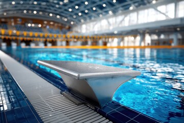Close-up of a modern diving board in a vibrant indoor swimming pool, showcasing the smooth, metallic surface and the refreshing blue water beyond.