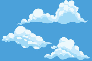 Flat vector set of cartoon white clouds in a clear blue sky. Simple and minimal design, perfect for use as background, weather icons, clipart, or decorative graphic elements in creative projects.