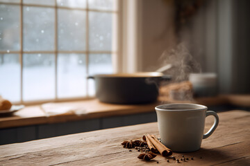 Steaming mug with aromatic cinnamon sticks and star anise on a wooden kitchen table, creating a cozy winter holiday atmosphere at home