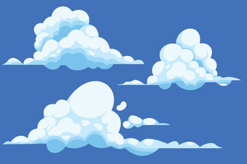 Flat vector set of cartoon white clouds in a clear blue sky. Simple and minimal design, perfect for use as background, weather icons, clipart, or decorative graphic elements in creative projects.