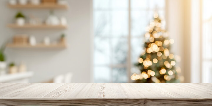 Christmas and New Year festive background with empty wooden table and copy space for product display, warm color tone.
