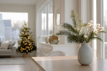 Vase with fir branches and white holiday decor on table, creating cozy festive ambiance in bright home with blurred Christmas tree background