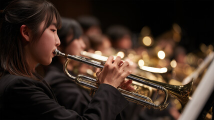 Fototapeta premium 女性がトランペットで輝く金管の響きを奏す