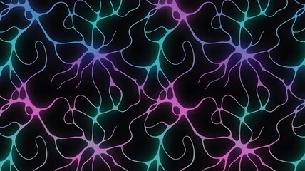 Glowing bioluminescent mycelium neural network seamless pattern.
