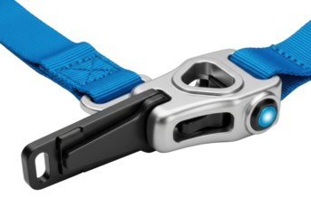 Vibrant electric blue ballistic nylon restraint with matte black titanium latch and brushed aluminum buckle with glowing azure button on a transparent background, precision engineering concept