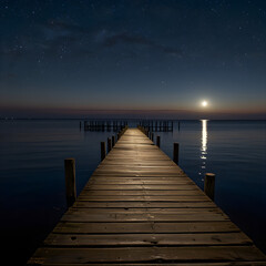 Fototapeta premium Nightfall Serenity Wooden Dock Extending to the Moonlit Sea