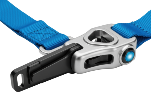 Vibrant electric blue ballistic nylon restraint with matte black titanium latch and brushed aluminum buckle with glowing azure button on a transparent background, precision engineering concept