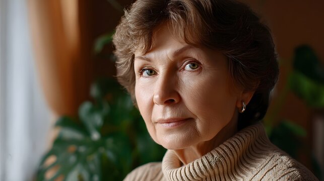 Thoughtful mature woman in contemplative mood by window - Powered by Adobe