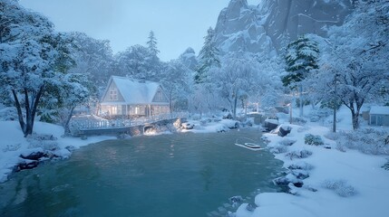 Winter Cottage by a Frozen Lake