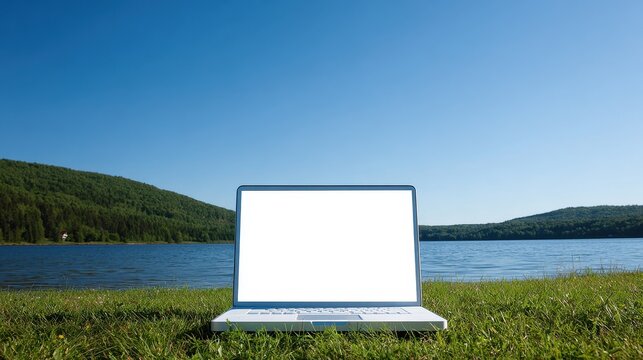 Laptop Picnic. Modern Laptop with Empty White Screen in Nature Landscape by Blue Lake
